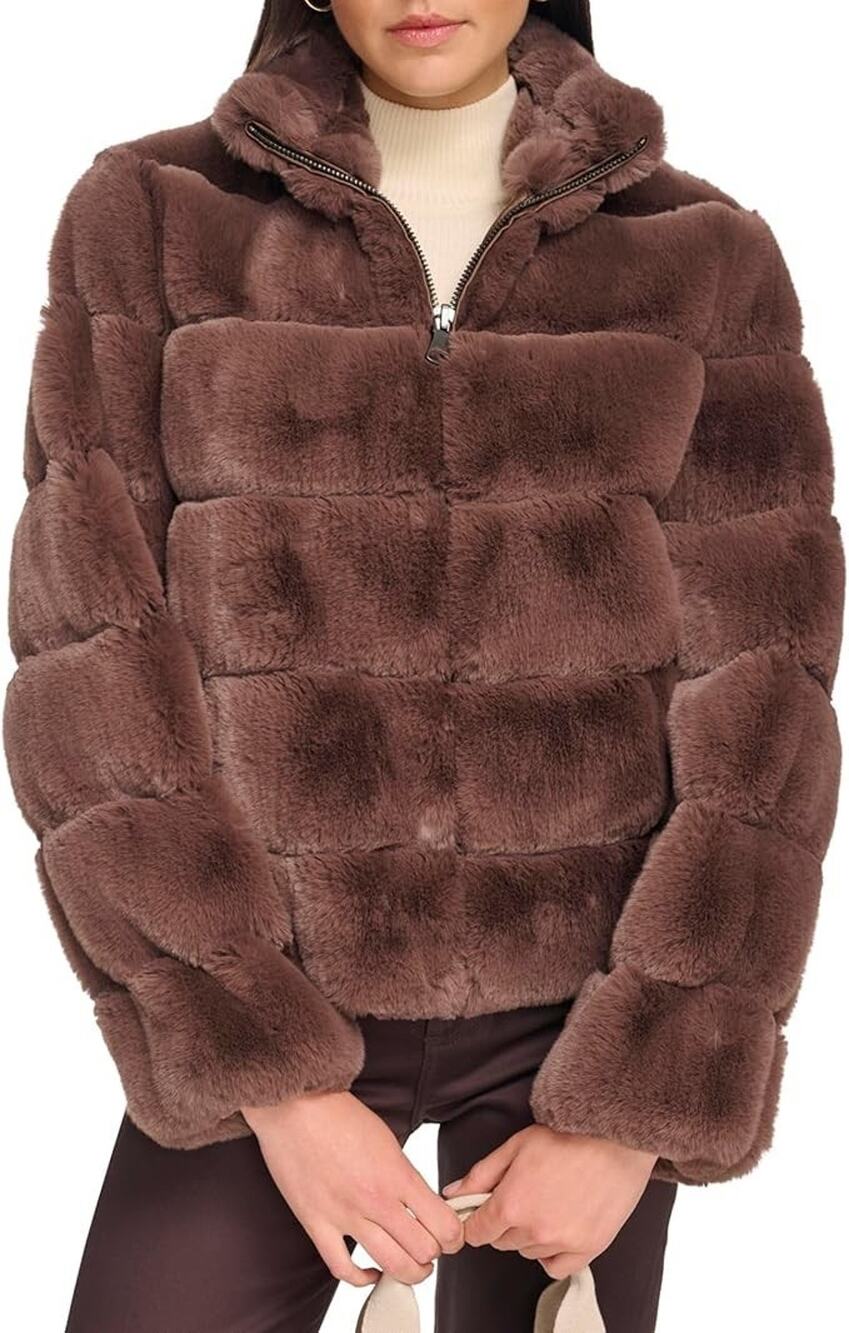 Calvin Klein Womens Faux Fur Jacket Brown Zip NWT Size M Medium